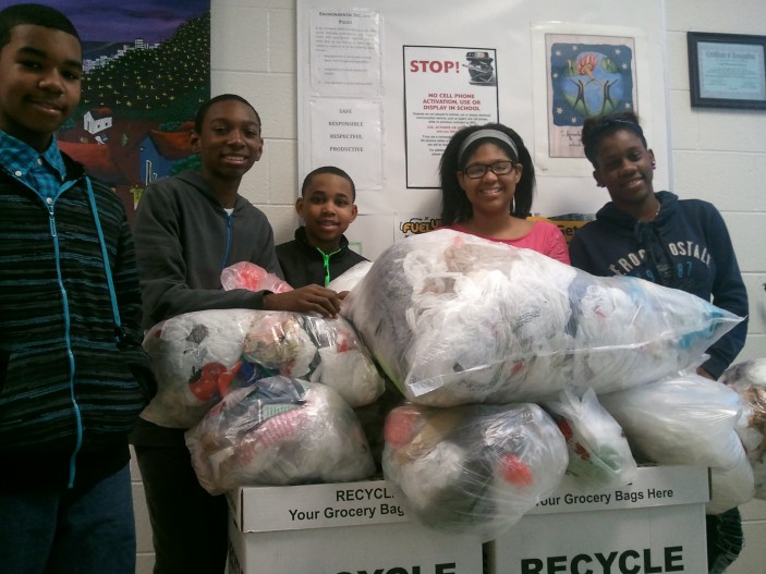 These school children recycle plastic film as part of Trex's Plastic Film Recycling Program.
